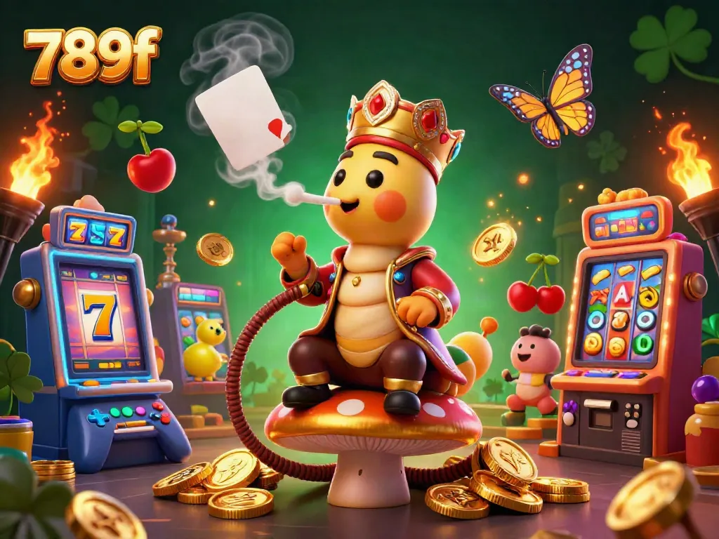 Experience jackpot excitement with 789f's vibrant 3D illustration of a caterpillar hookah-master in a casino scene.
