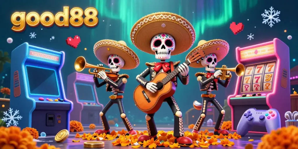 Engage with thrilling games at good88 with a colorful mariachi scene surrounded by vibrant casino elements.