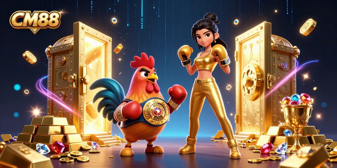 Play exciting games at CM88 Casino with vibrant 3D graphics and dynamic action elements surrounding a champion.