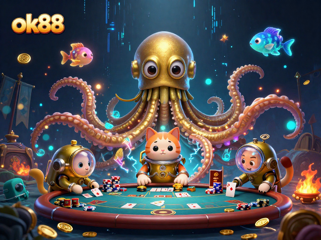 Experience the thrill of poker with ok88 in an underwater adventure featuring a kraken and diving cat.