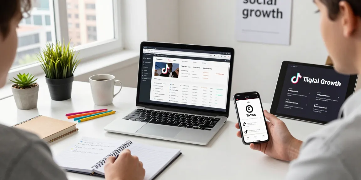 Buy TikTok followers in a digital marketing workspace with a content creator analyzing social media stats.