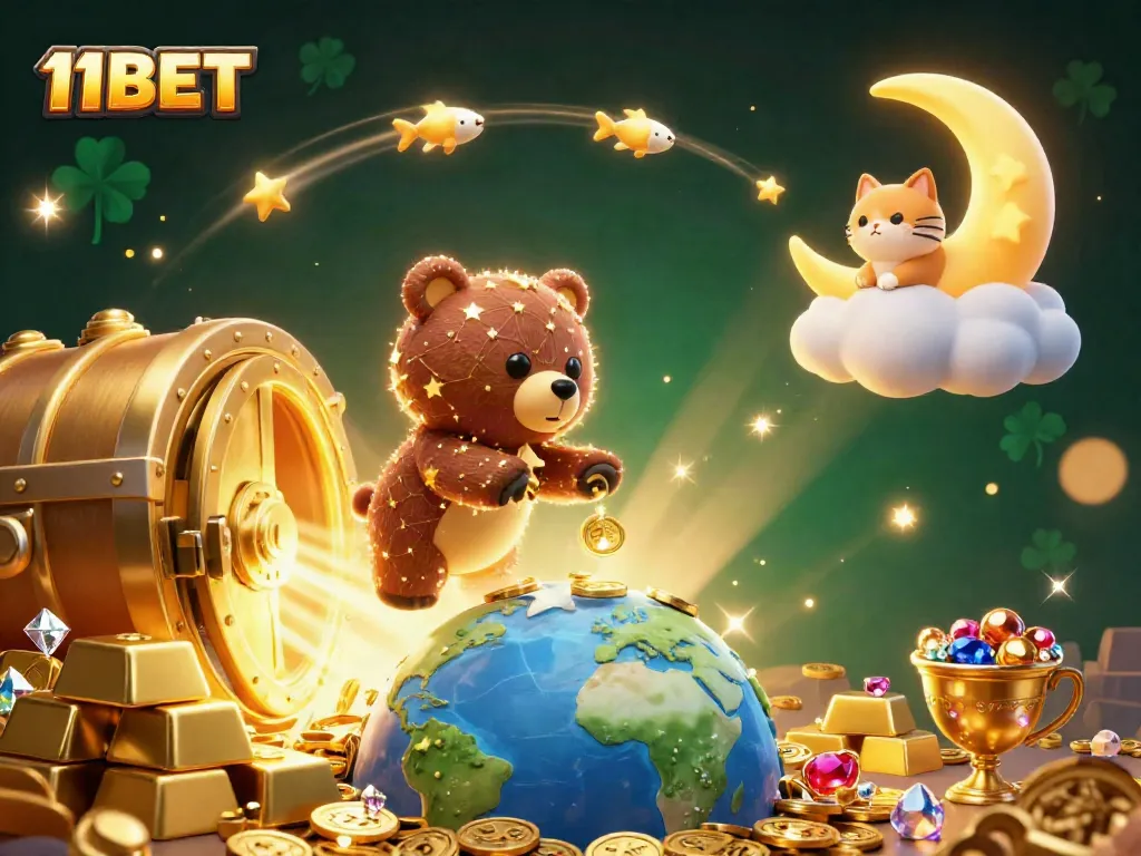 Experience the excitement of 11BET with a vibrant casino-themed illustration showcasing lucky symbols and treasures.