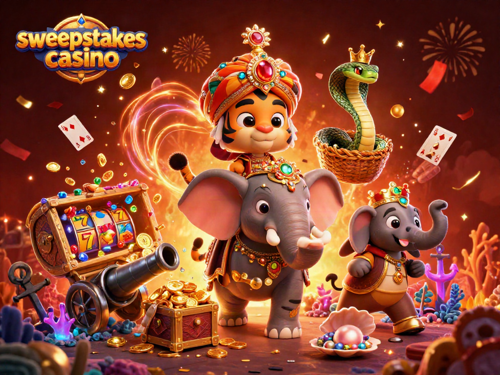 Engage in the sweepstakes casino experience with vibrant 3D illustration showcasing a tiger, elephant, and cobra amid casino elements.