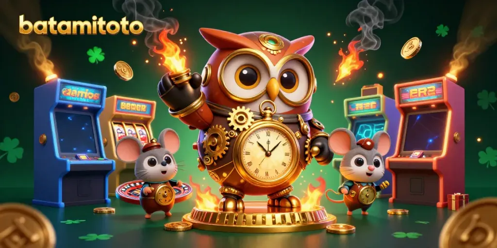 Experience batamtoto gaming with a time-traveling owl and vibrant casino elements.