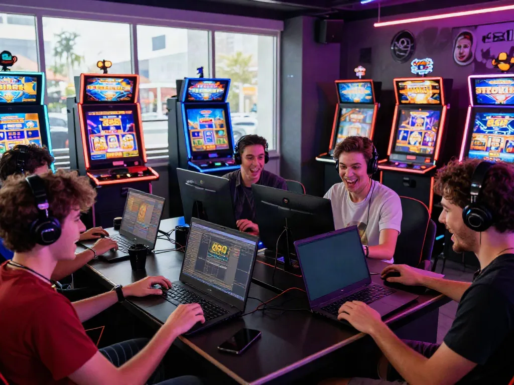 Friends enjoying slot88 games in a lively gaming lounge with vibrant lighting.