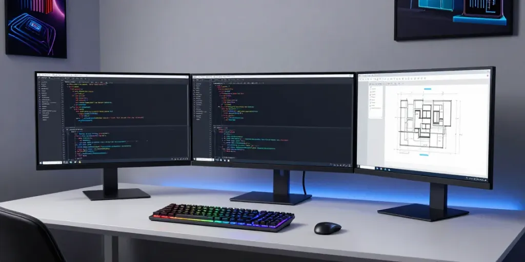 Measured Take: Softwareentwicklung in moderner Entwickler-Umgebung mit RGB-Beleuchtung und Code-Editor.