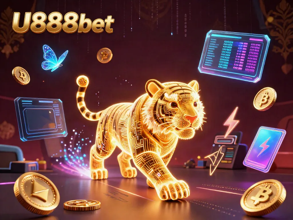 Engage with U888bet's thrilling gaming experience, featuring vibrant graphics and crypto elements in a digital casino.