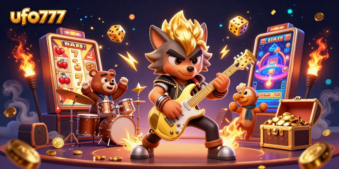 Experience thrilling gameplay with ufo777 as the wolf rock star and drummer bear ignite the casino stage.