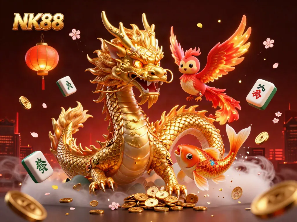 Experience thrilling luck with NK88 as a dragon and phoenix bring good fortune in a vibrant casino scene.