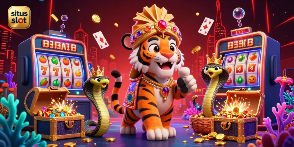 Engage with situs slot in a vibrant 3D casino scene featuring a tiger, elephant, and cobra amidst exciting gaming elements.