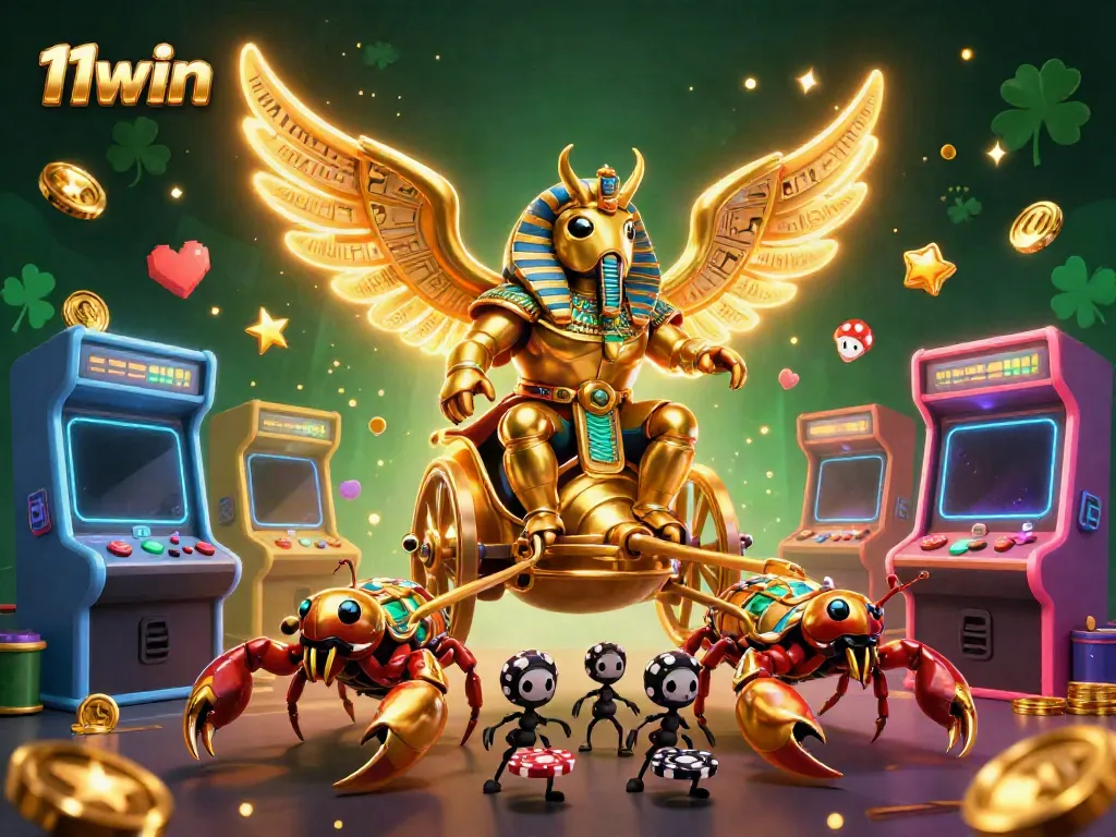 Experience the excitement of 11win with a vibrant 3D illustration of gaming elements and characters.
