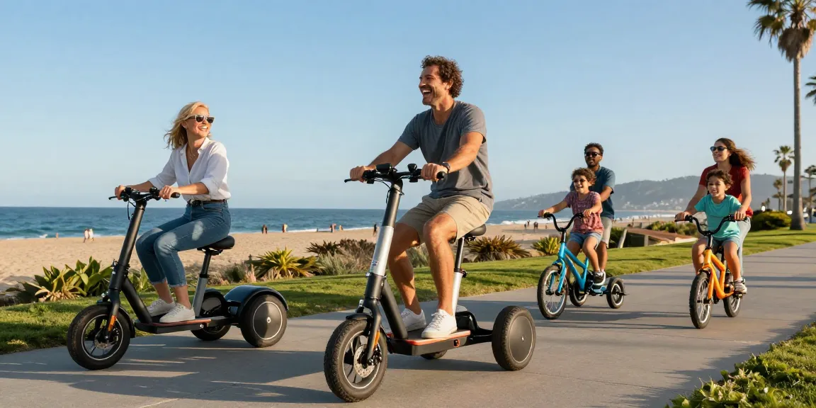 Adults enjoying the freedom of riding tricycles along a scenic coastal pathway.