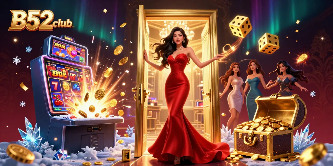 A stunning 3D illustration showcases B52club's lavish gaming environment, featuring slot machines, vibrant symbols, and a glamorous character.