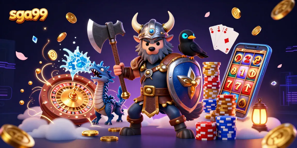 Experience premium gaming with sga99 featuring a Viking wolf warrior, fierce dragon, and vibrant casino elements.