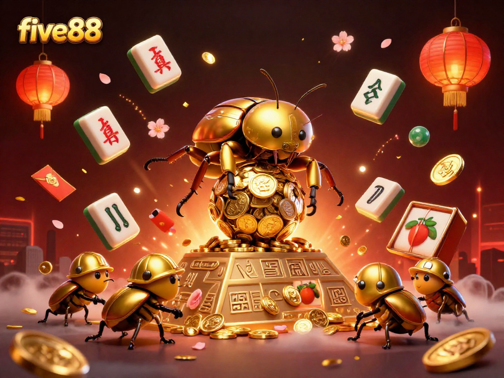 Engage with the five88 casino experience featuring a golden dung beetle amid vibrant slot machine elements.