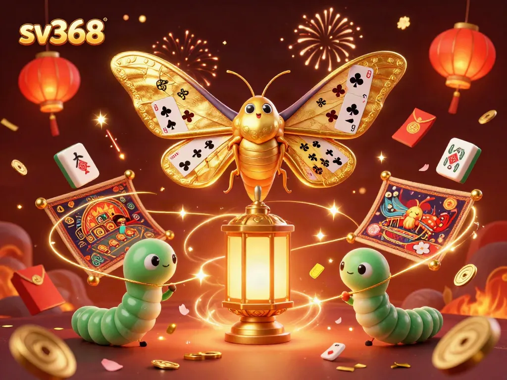 sv368 showcases vibrant cockfighting moments with a 3D visual feast of casino-themed elements including a moth and lanterns.