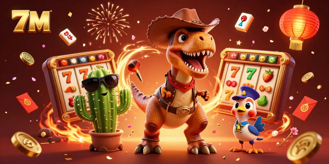 Experience thrilling slot action with 7M as the T-Rex cowboy spins the reels.