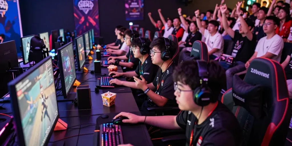 Suasana arena esports diana4d dengan pemain kompetisi dan penonton yang antusias