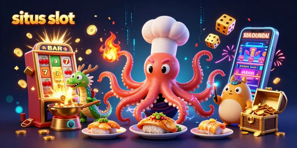 Spin and win with situs slot illustrated by an octopus chef and dragon in a vibrant casino scene.