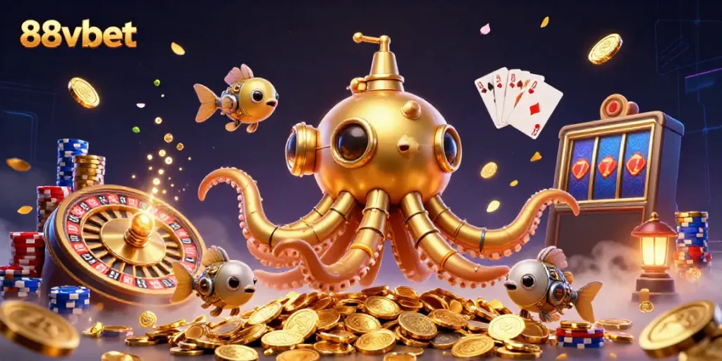 Engage in thrilling gameplay with 88vbet's vibrant casino scene featuring a golden kraken submarine.