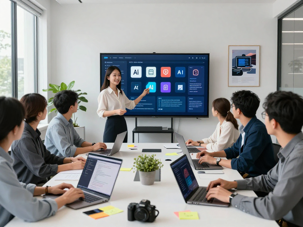 Dynamic team collaborating on AI tool directory, showcasing innovative workspace and technology.