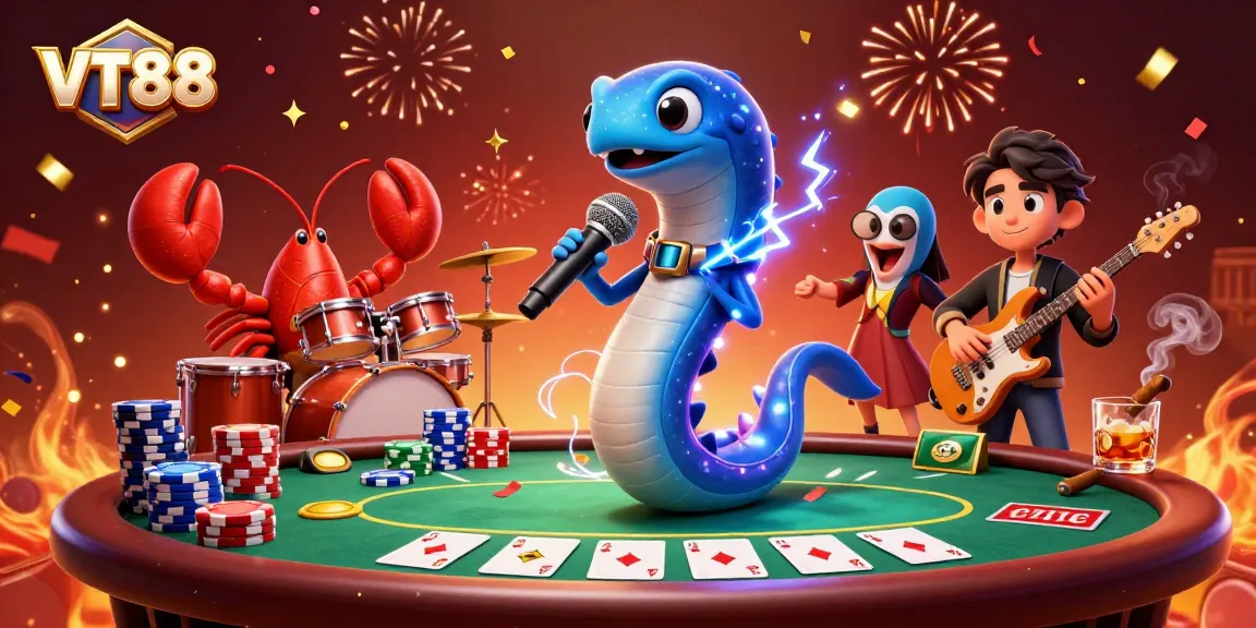 VT88 showcases an electrifying DJ eel in an underwater casino with vibrant poker elements.