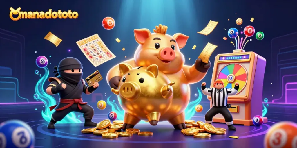 Engage in winning strategies with manadototo's vibrant gambling scene featuring an energetic sumo wrestler and thrilling game elements.