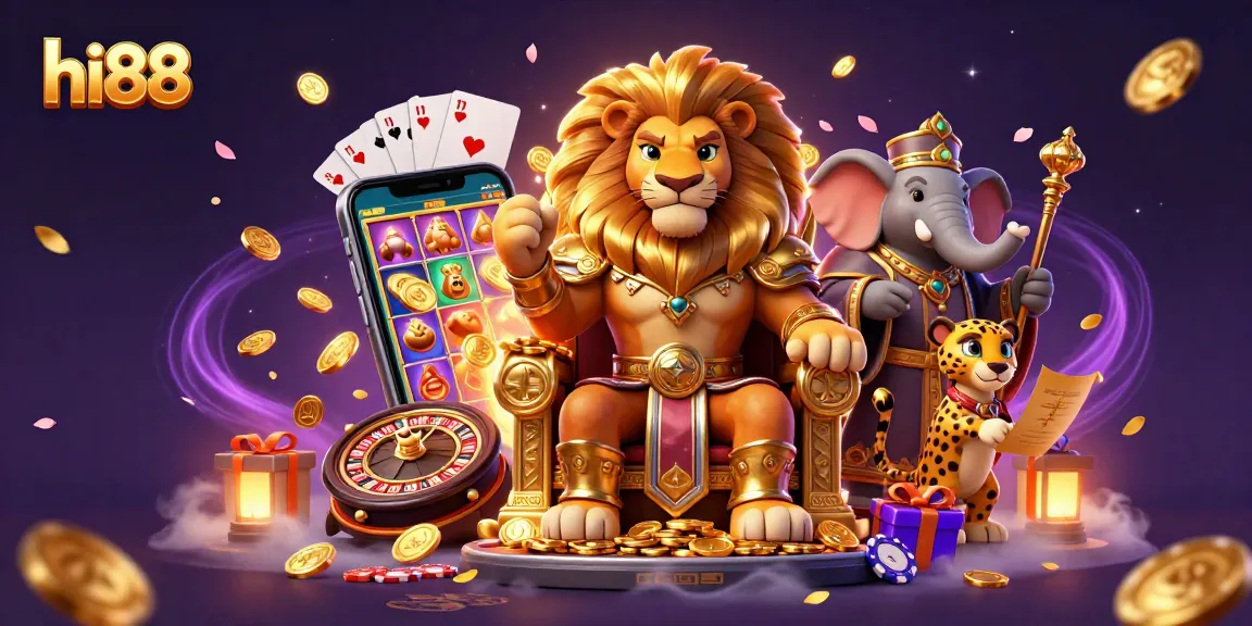 Engage with the hi88 online casino experience featuring a king lion and rich gaming elements.