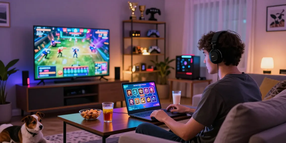 Engaging home atmosphere showcasing slot depo 10k online gaming experience, cozy living room with snacks, laptop with games, and ambient lighting.