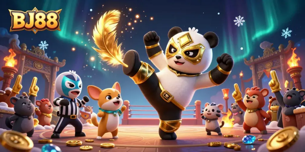 BJ88 Casino-themed dynamic illustration featuring animated characters in an engaging gambling arena.