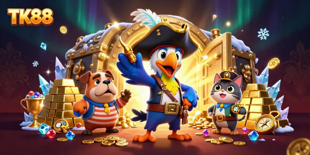 Engage with TK88's thrilling adventure through a cartoon pirate casino filled with treasures.