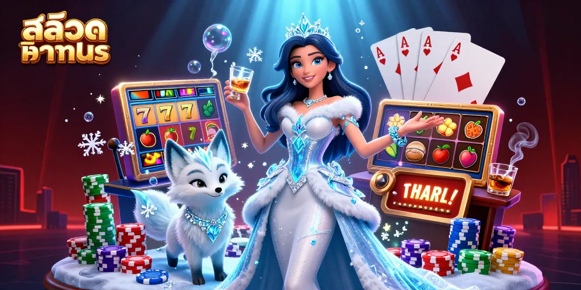 Play สล็อตทดลอง in a vibrant casino scene featuring slot reels and a stunning winter-themed character.