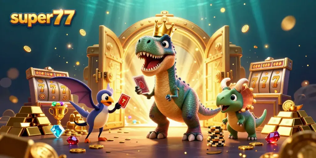 Engaging super77 slot scene featuring a T-Rex and friends surrounded by jackpots and golden treasures.