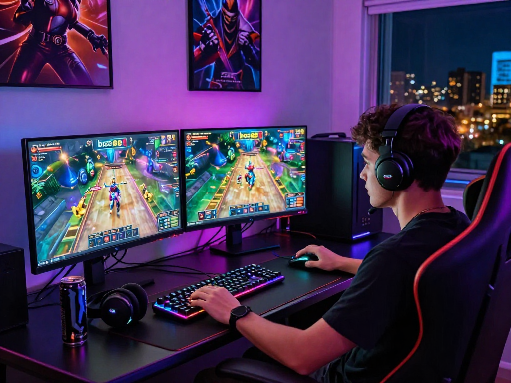 Pengguna bos88 bermain game dengan setup gaming modern dan atmosfer menyenangkan.