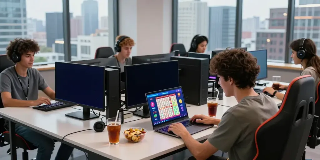 Pengguna Dewatogel yang antusias memeriksa kemenangan di laptop di ruang permainan modern.