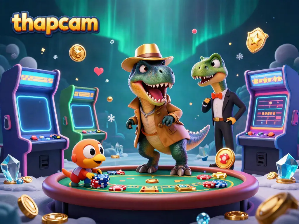 thapcam offers a thrilling blackjack encounter featuring a cartoon velociraptor and playful characters in a vibrant casino setting.