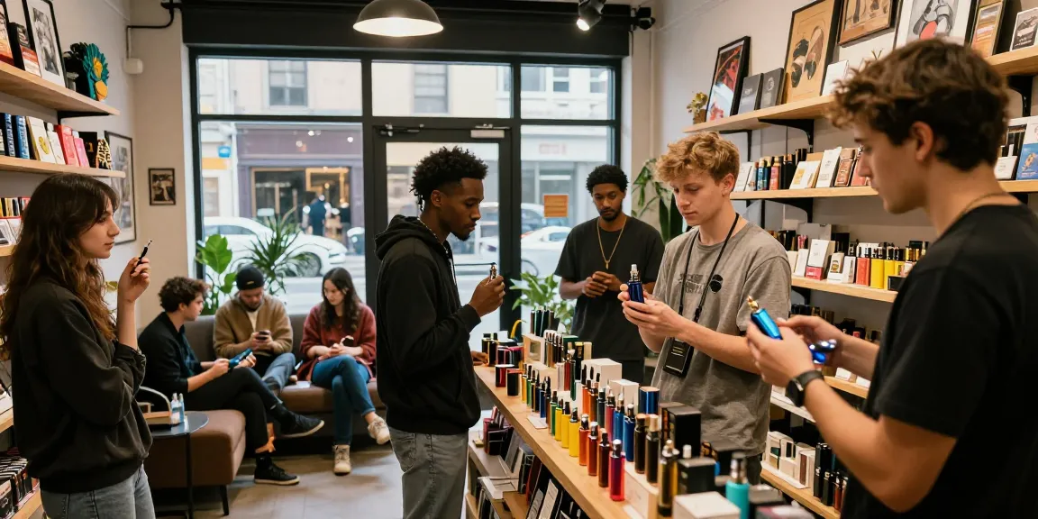 Customers exploring a variety of rokok88 smoking products in a trendy smoke shop.