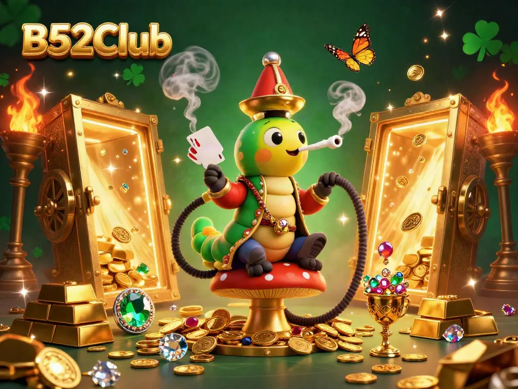 Experience the excitement of B52Club with a lavish illustration of a caterpillar hookah-master amid dazzling gold and jewel symbols.