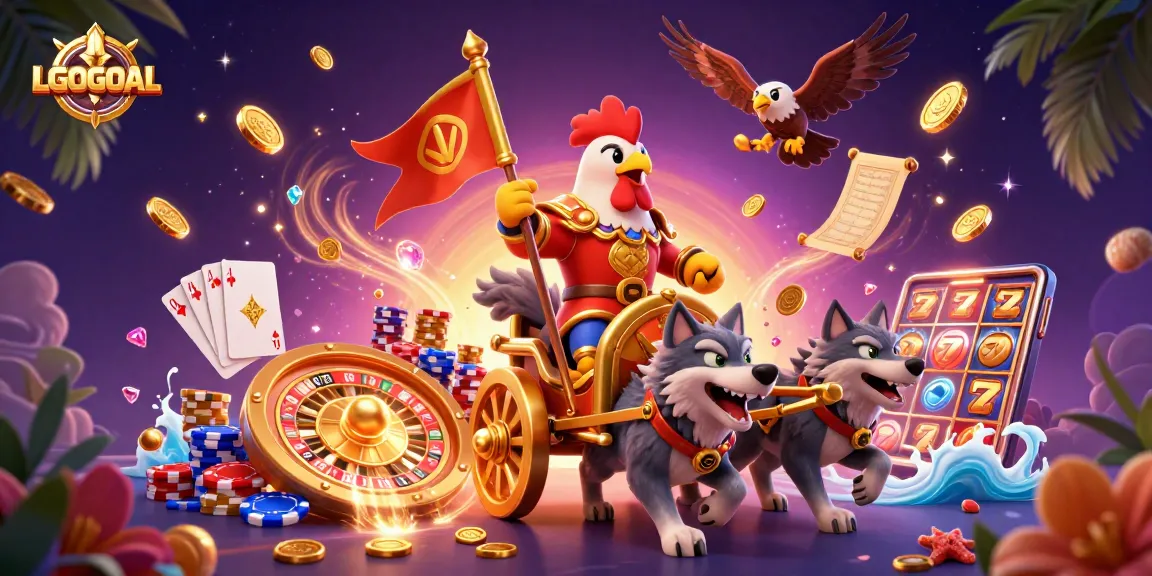 Experience thrilling gameplay with LGOGOAL as a rooster warlord leads the action in a vibrant casino scene.