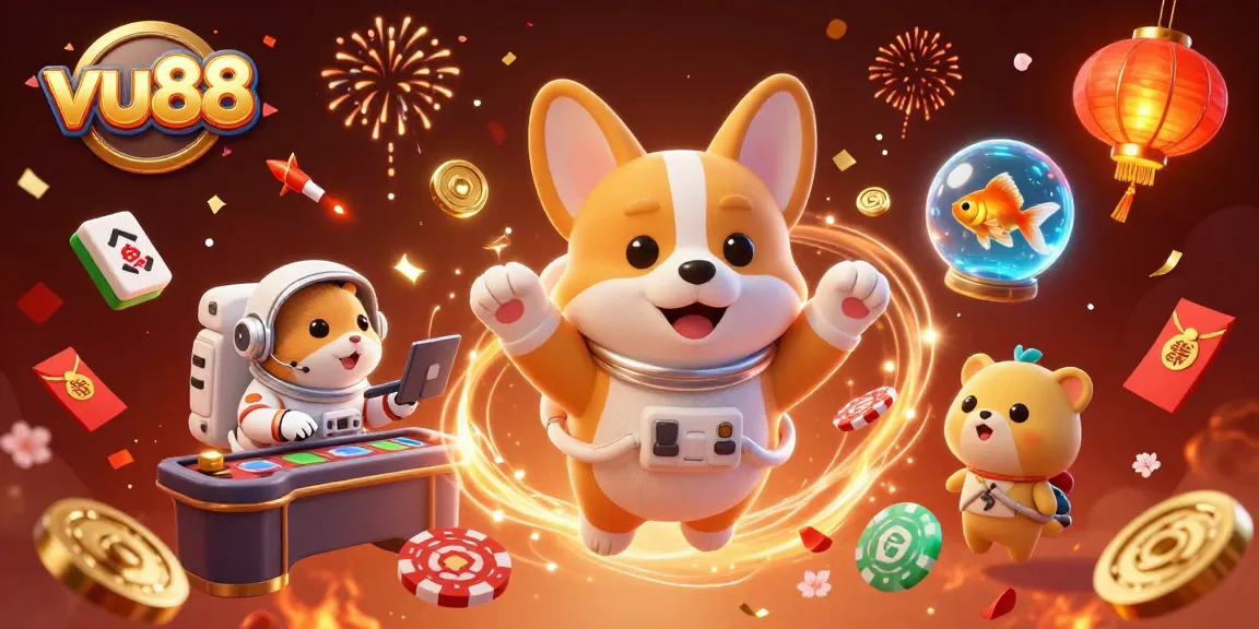 Experience the excitement of vu88's casino with a corgi astronaut and vibrant games.