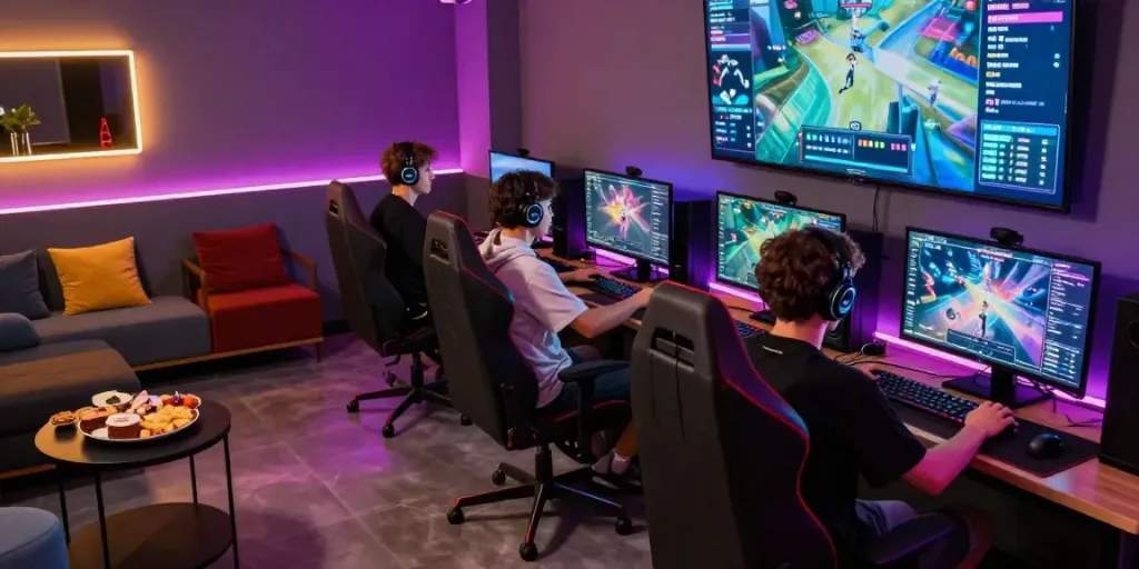 Pengalaman bermain banteng88 di lounge gaming modern dengan gamer kompetitif dan suasana yang energik.