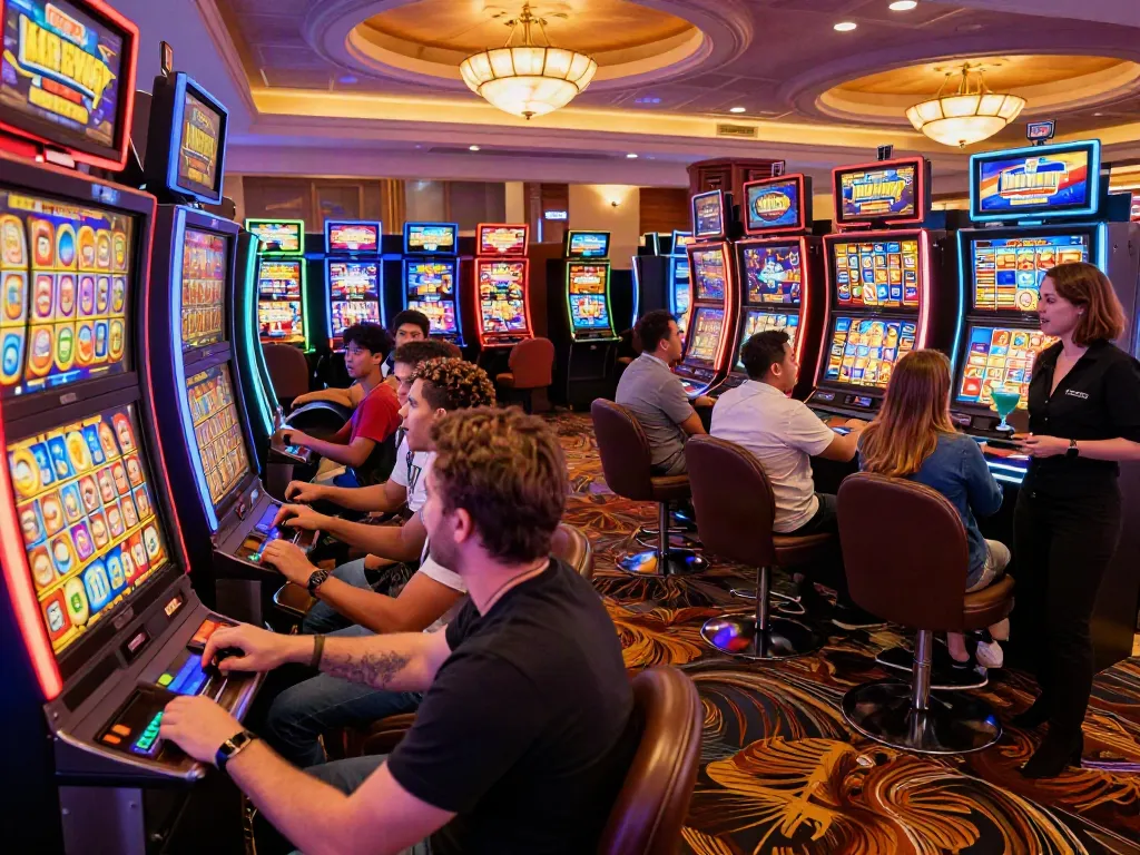 Exciting casino scene with players interacting around slot machines, showcasing vibrant colors and lively atmosphere.