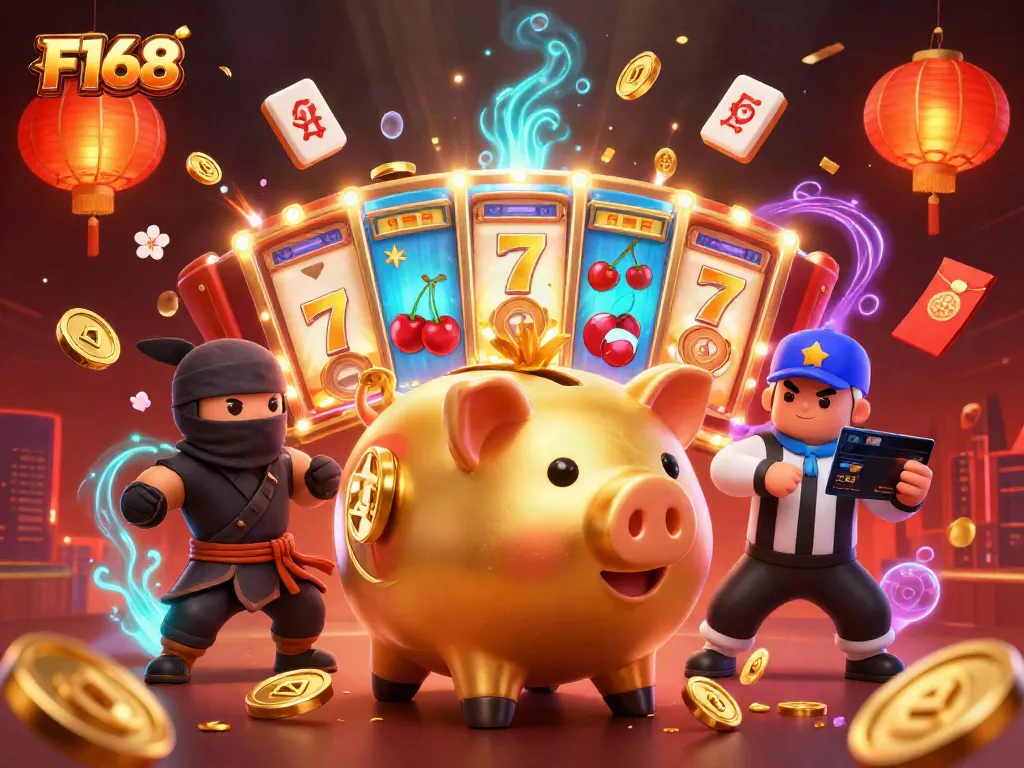 F168 features a dynamic casino scene with a sumo wrestler, ninja, and referee, winning exciting jackpots.