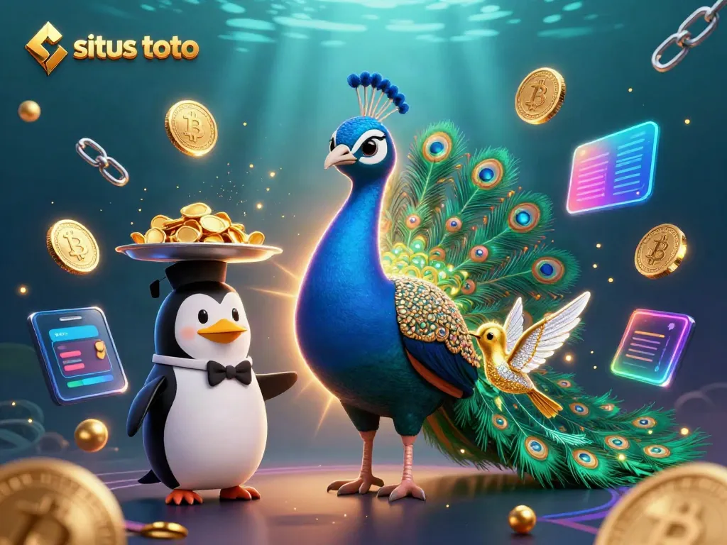 Experience situs toto gaming with an ultra-detailed 3D illustration of a peacock and penguin amidst glowing coins.