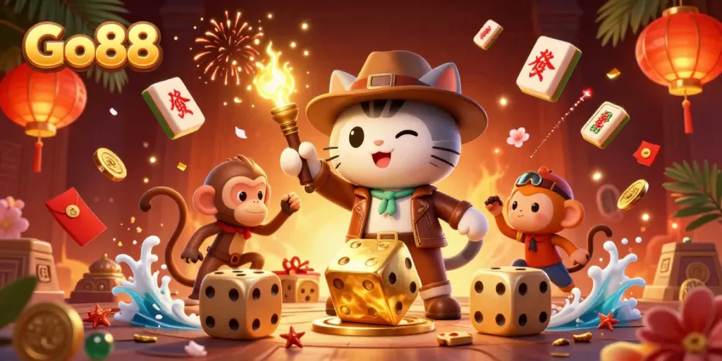 Experience Go88's vibrant casino adventure with an explorer cat and torch-bearing monkey in an ancient temple.
