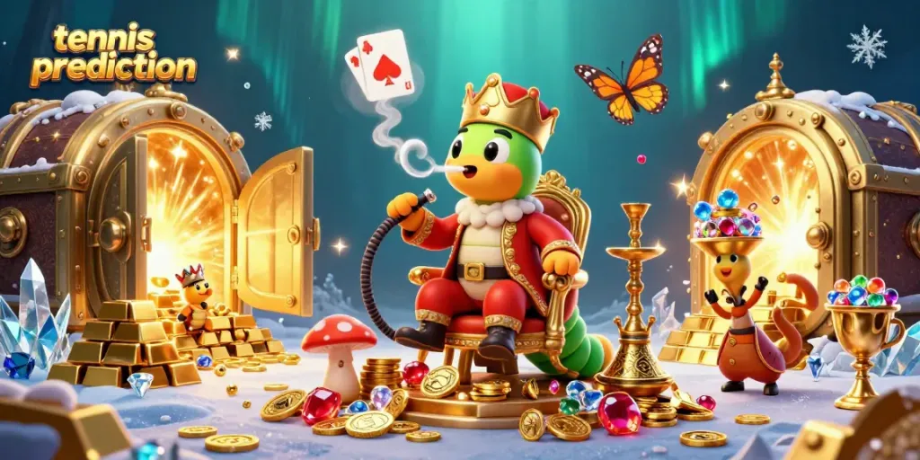 Tennis prediction artwork featuring a vibrant 3D caterpillar sultan amid treasure, perfect for bettors.