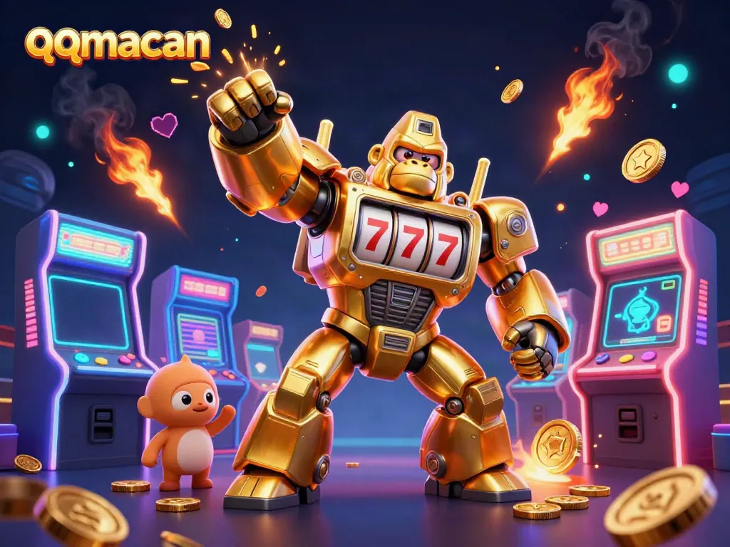 Engage in the thrilling action of qqmacan with a golden gorilla mech and vibrant arcade elements.