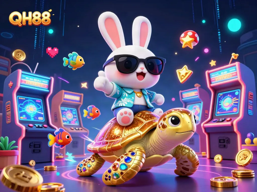 Experience QH88's vibrant gaming world with a lucky rabbit and golden turtle!