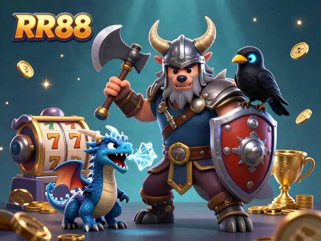 RR88 captivates players with a thrilling illustration of a Viking wolf warrior, ice dragon, and vibrant casino elements.