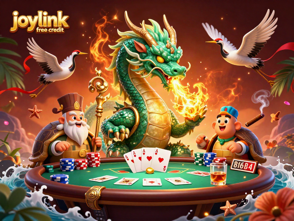 Experience joylink free credit with a vibrant, packed casino scene featuring legendary creatures and thrilling poker action.
